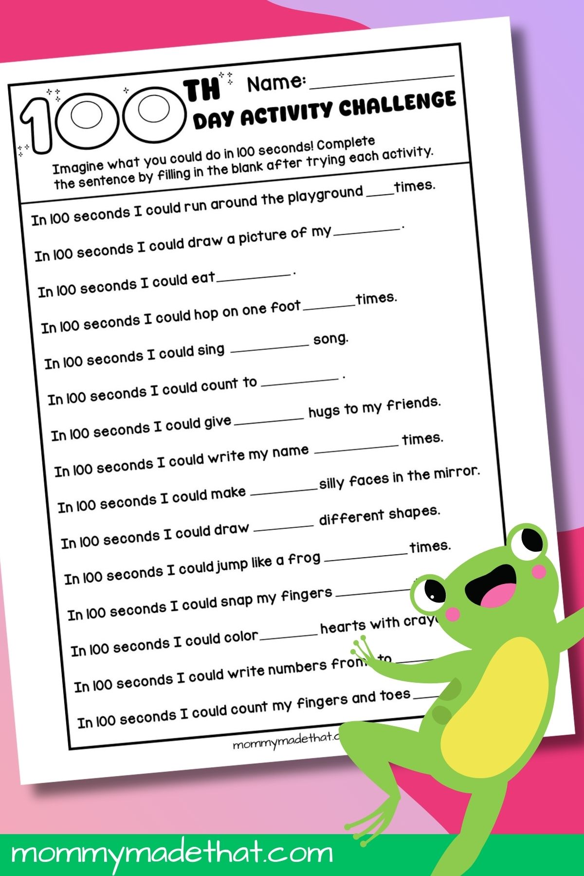 100th Day Activity Challenge printable.