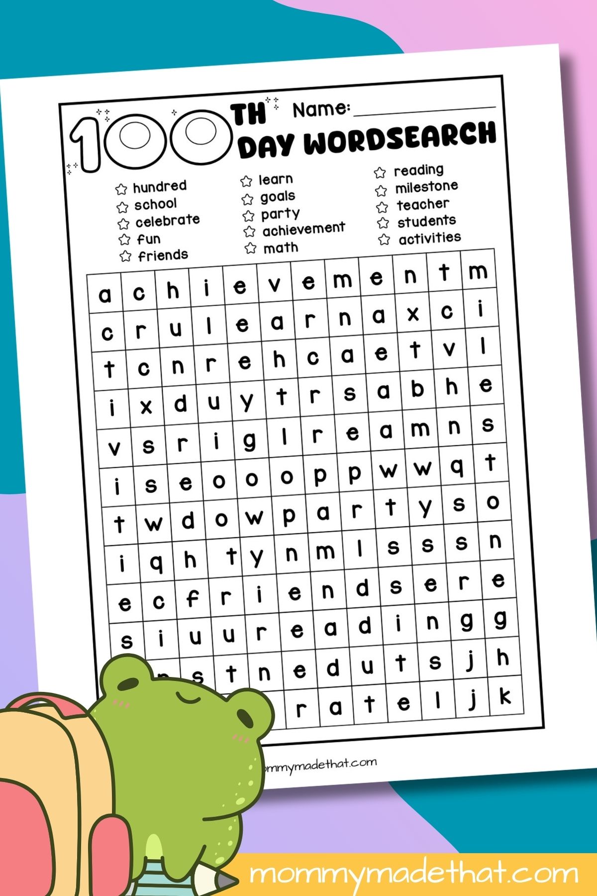 100th Day of School word search worksheet with school-themed word list