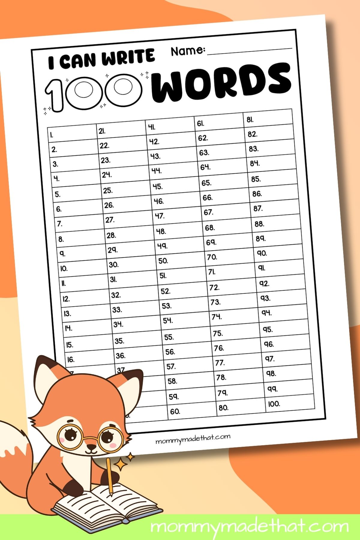 I Can Write 100 Words worksheet with numbered spaces from 1 to 100