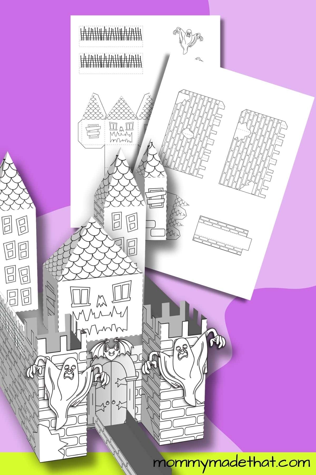 Free 3D haunted house template with printable pages and finished paper castle.