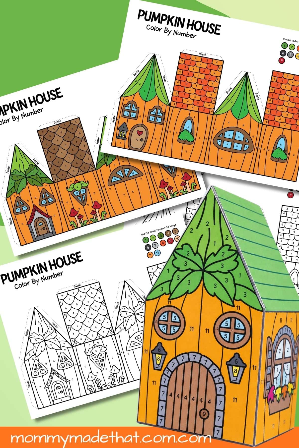 3D printable pumpkin house with a green roof beside colored and color-by-number templates.