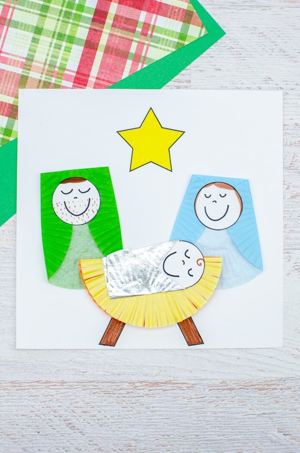 Cupcake liner manger scene with Mary, Joseph and baby Jesus