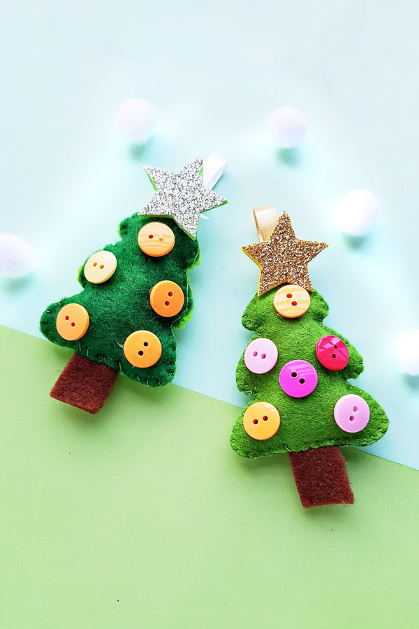 Green felt Christmas tree ornaments decorated with buttons