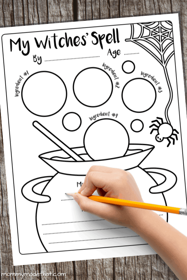 Black-and-white My Witches’ Spell writing worksheet for kids