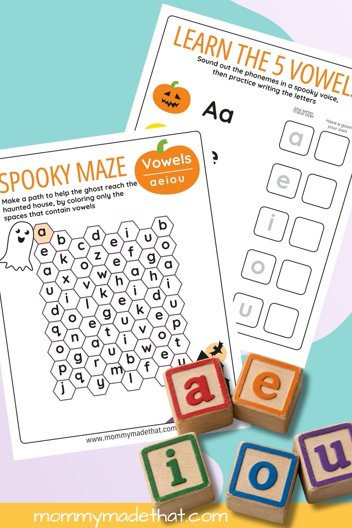 Halloween Vowel and Consonant Mazes printable preview.