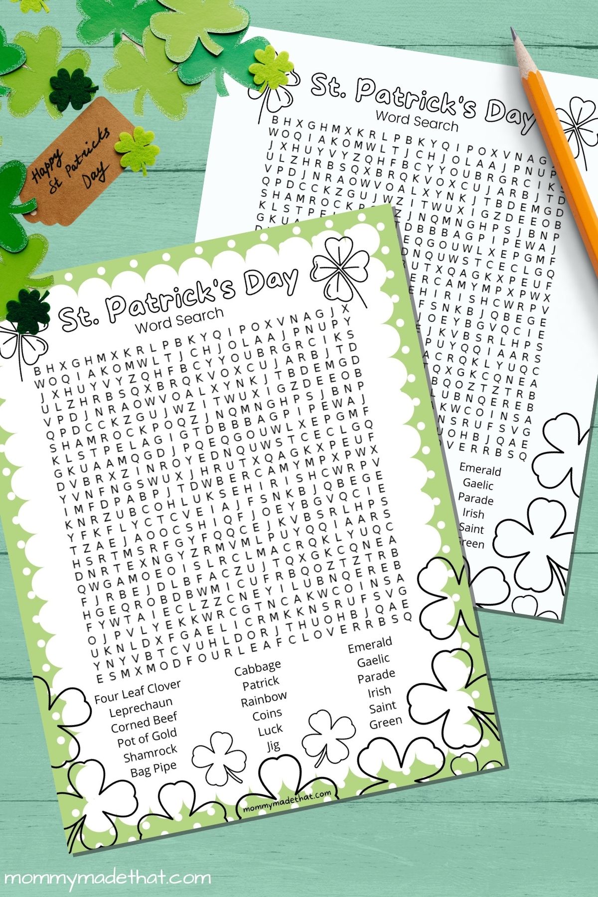 Hard St. Patrick's Day word search printable with shamrocks.