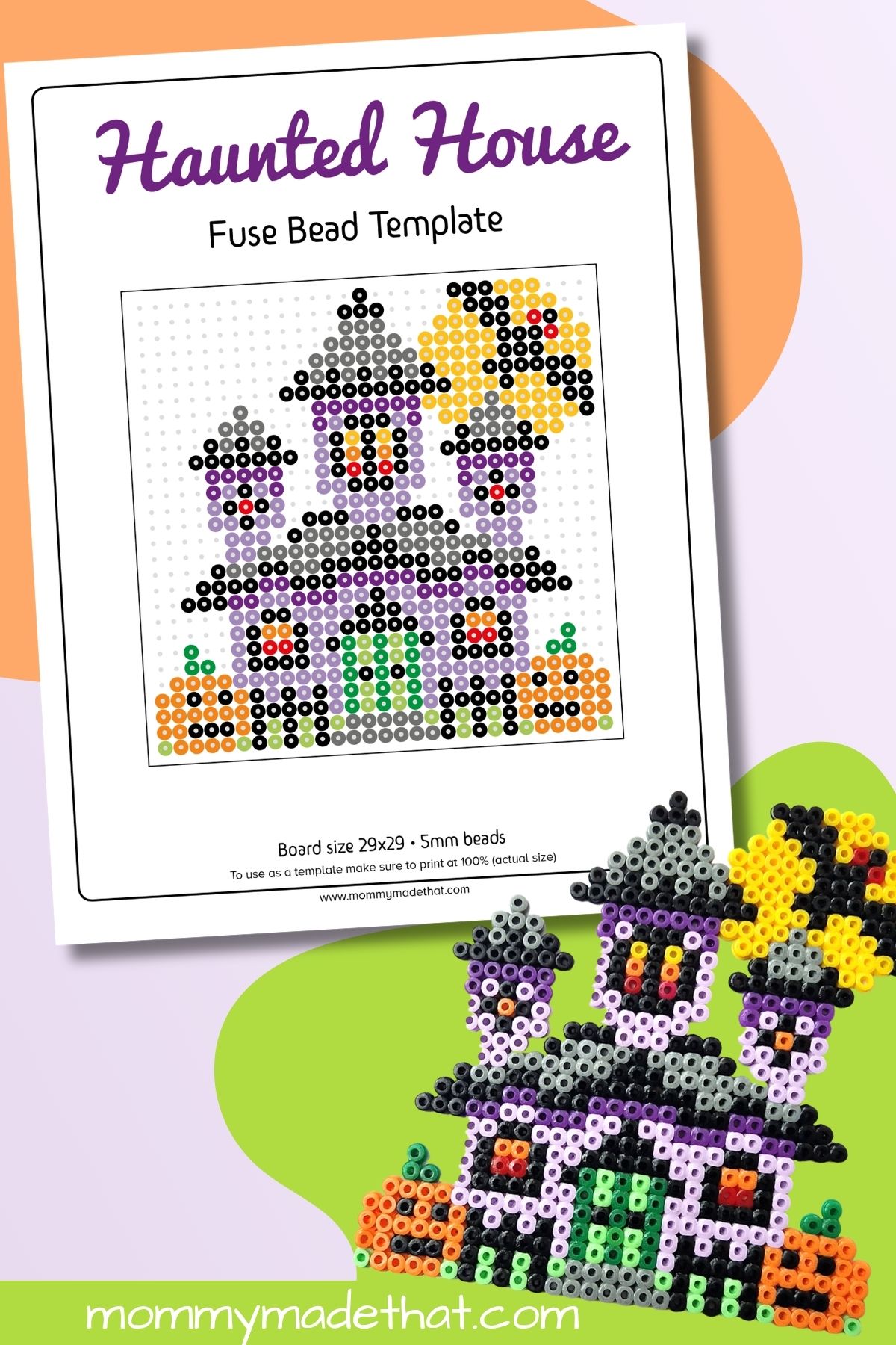 Haunted House Fuse Bead Template printable preview.