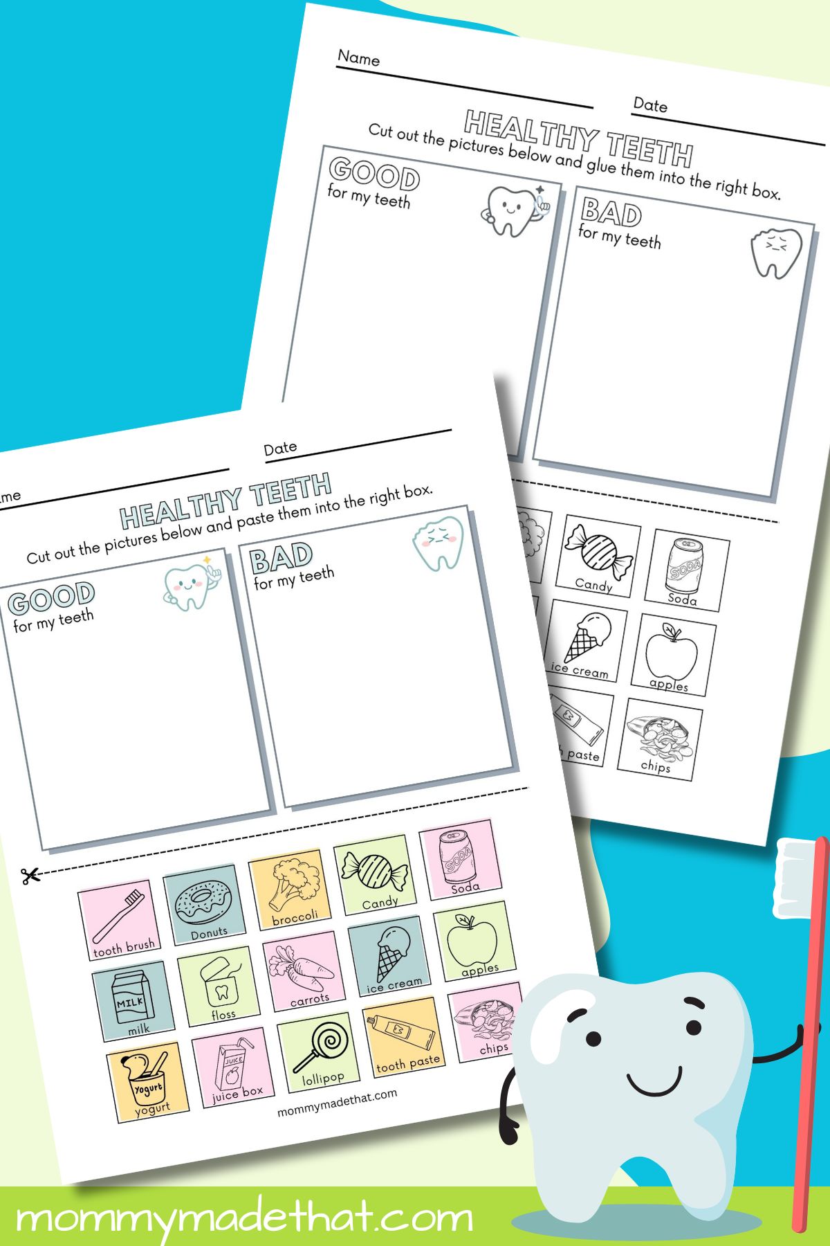 Healthy teeth sorting worksheets in color and black-and-white with food and dental-care picture cards.