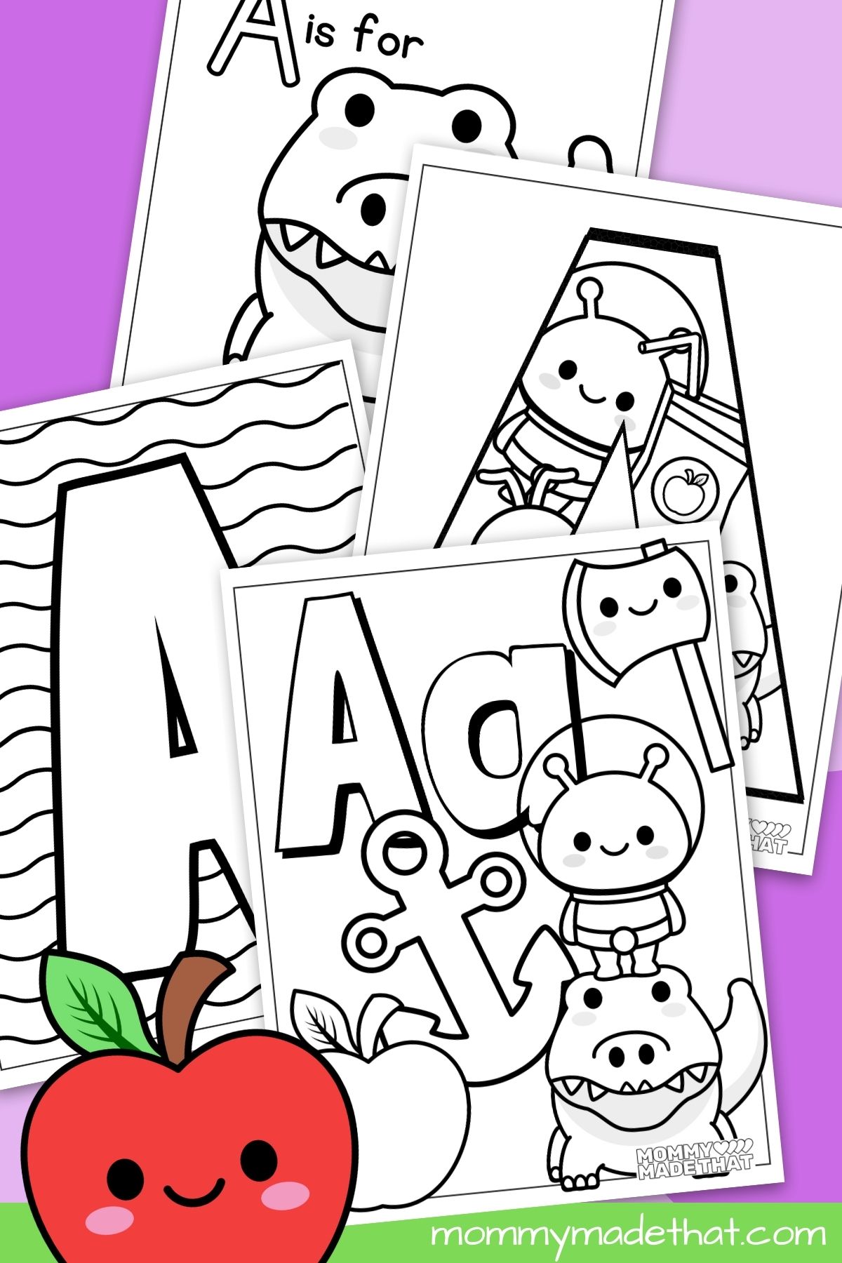 Letter A coloring pages with uppercase and lowercase letters, an alligator, apple, and ant