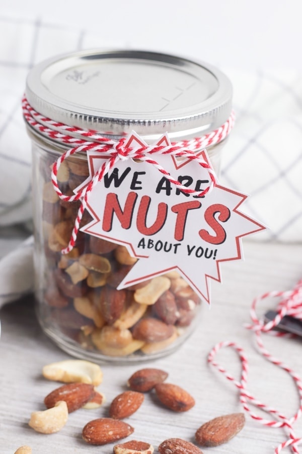 Jar of mixed nuts with a We Are Nuts About You gift tag