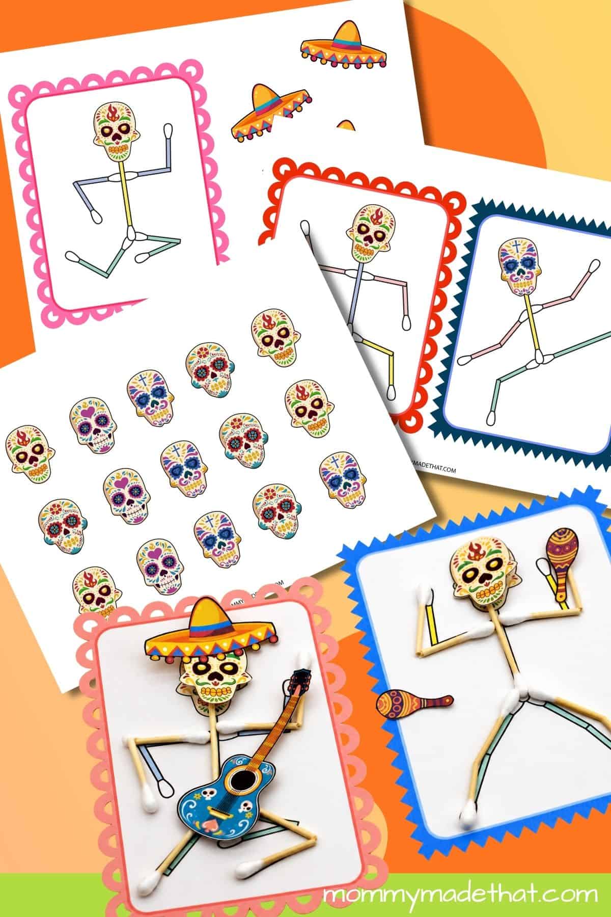 Skeleton pose cards, decorated skulls, and accessories for a cotton-swab craft.