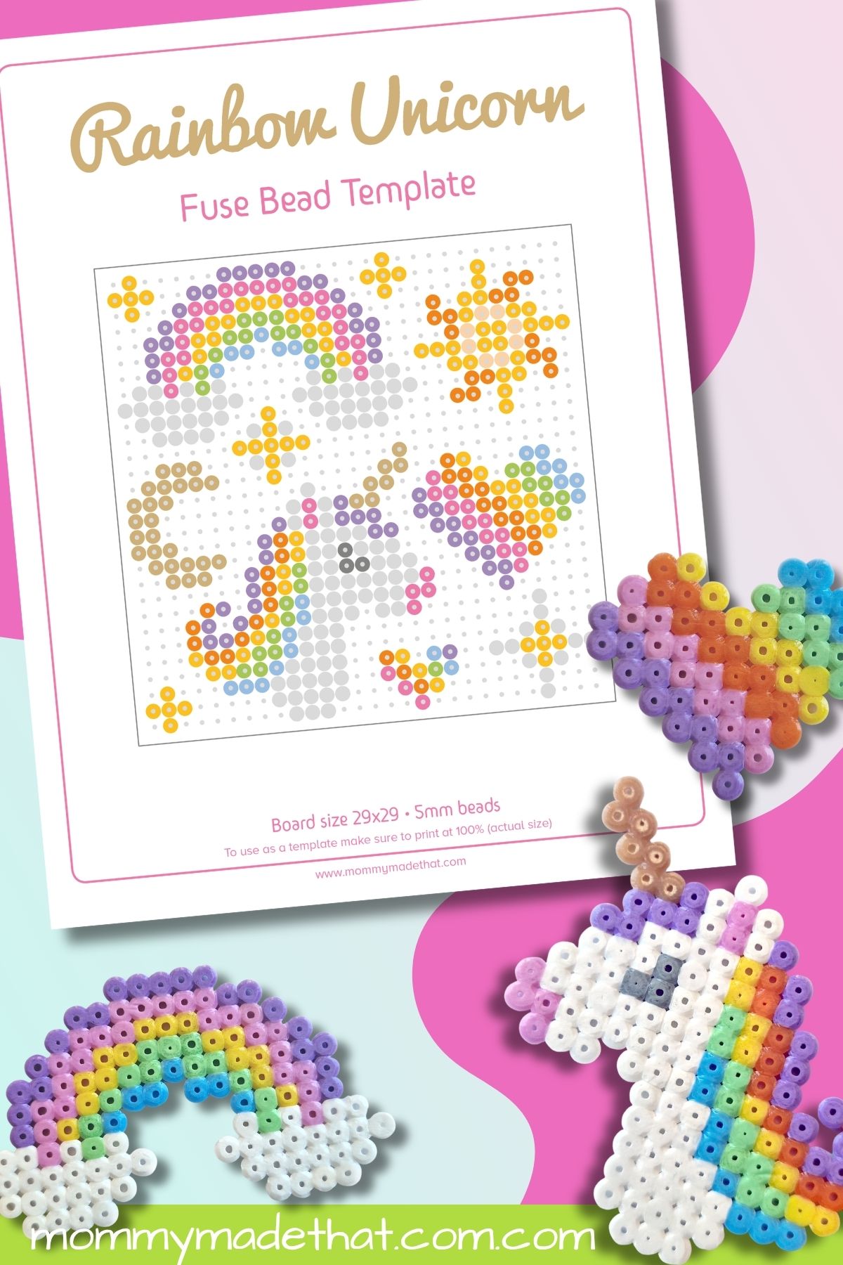 Rainbow Unicorn Fuse Bead Template printable preview.