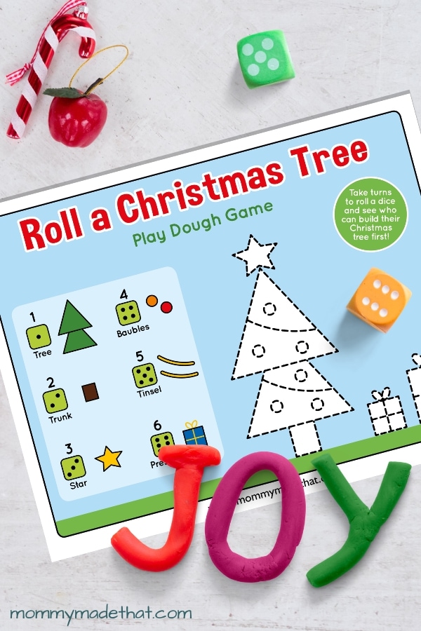 Roll a Christmas Tree play dough game mat with a die