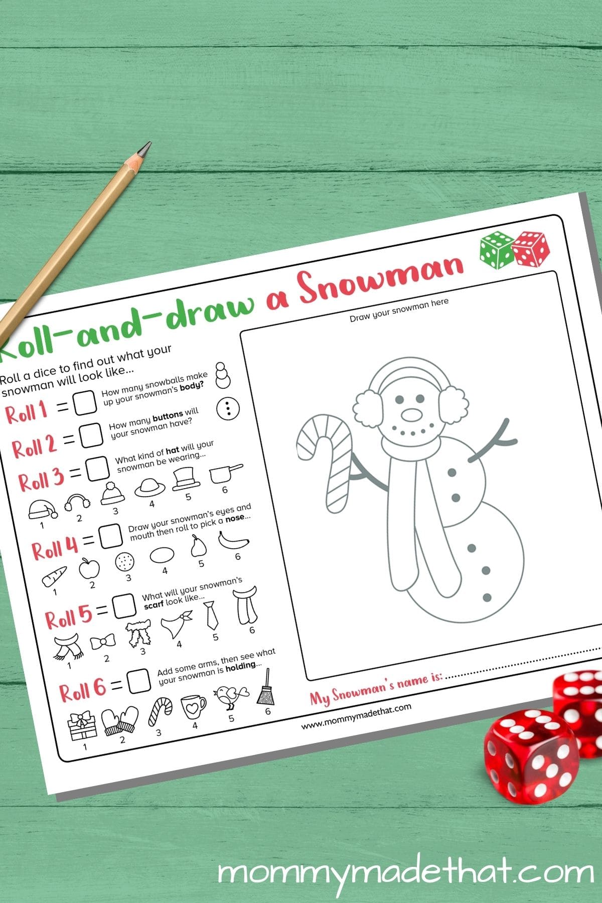Roll and Draw a Snowman printable preview