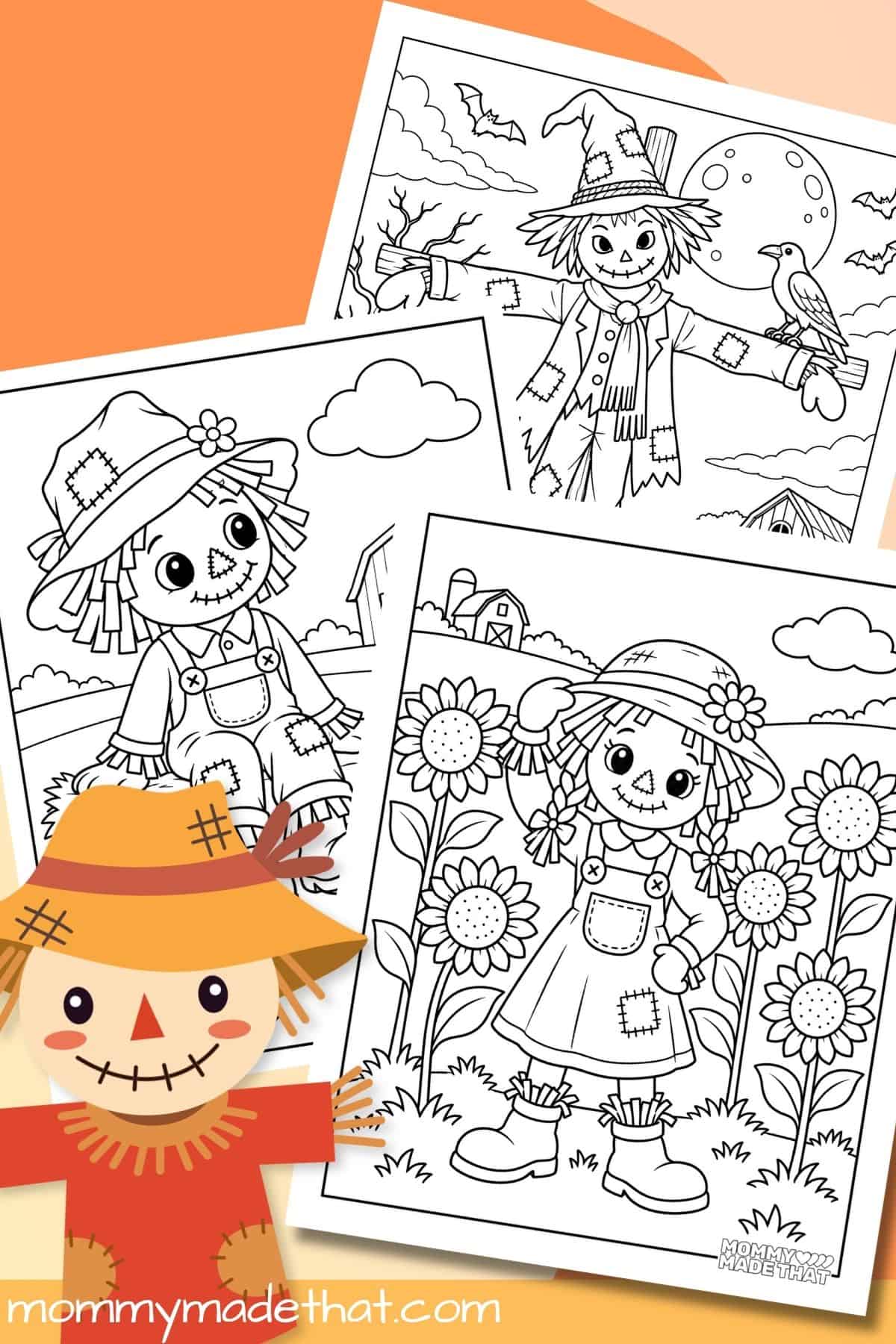 Scarecrow coloring pages with sunflower, hay bale, and spooky Halloween scenes