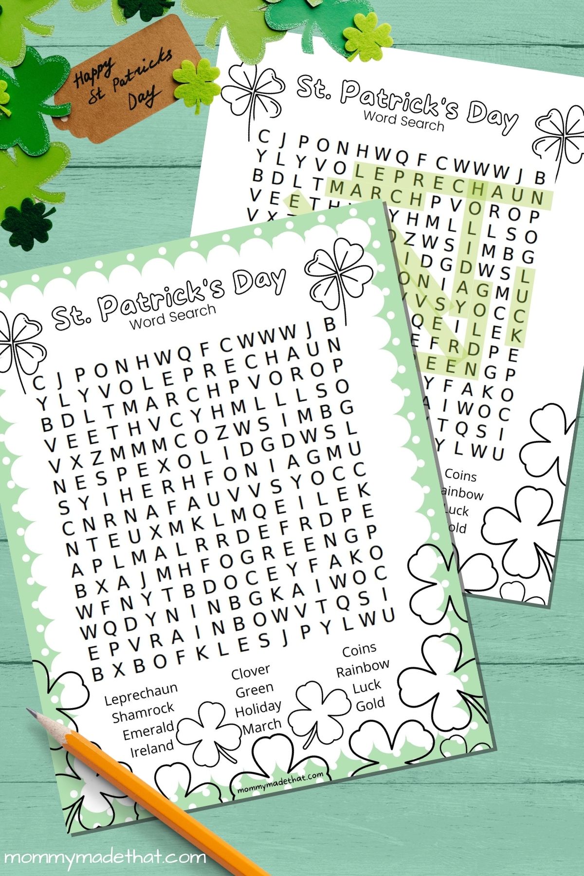 St. Patrick's Day word search printable with shamrocks.