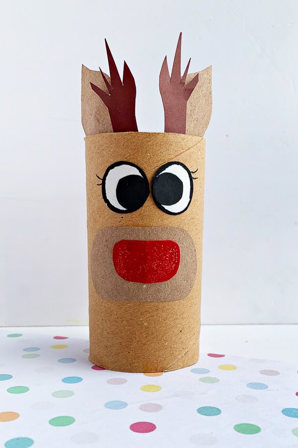 Toilet paper roll reindeer with a red nose and paper antlers