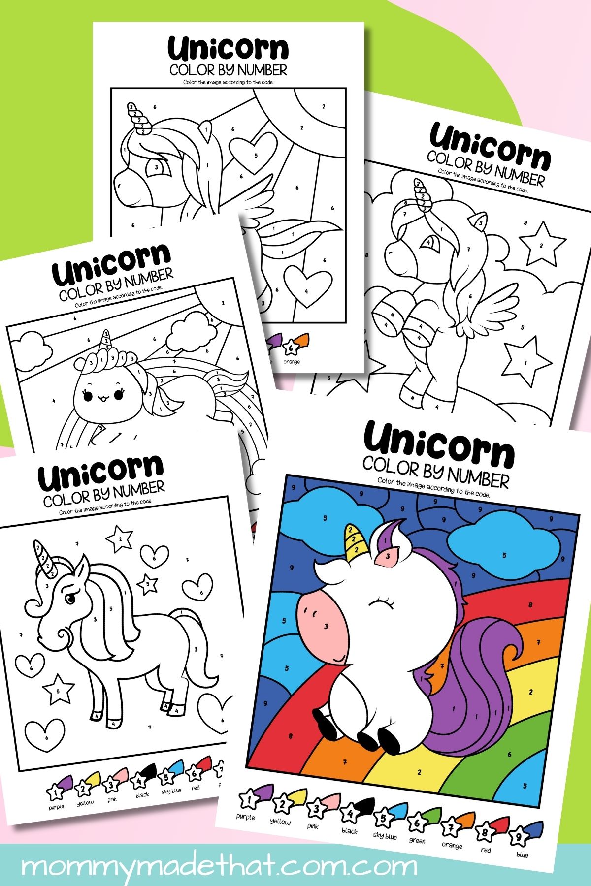 Unicorn Color by Number Pages printable preview.