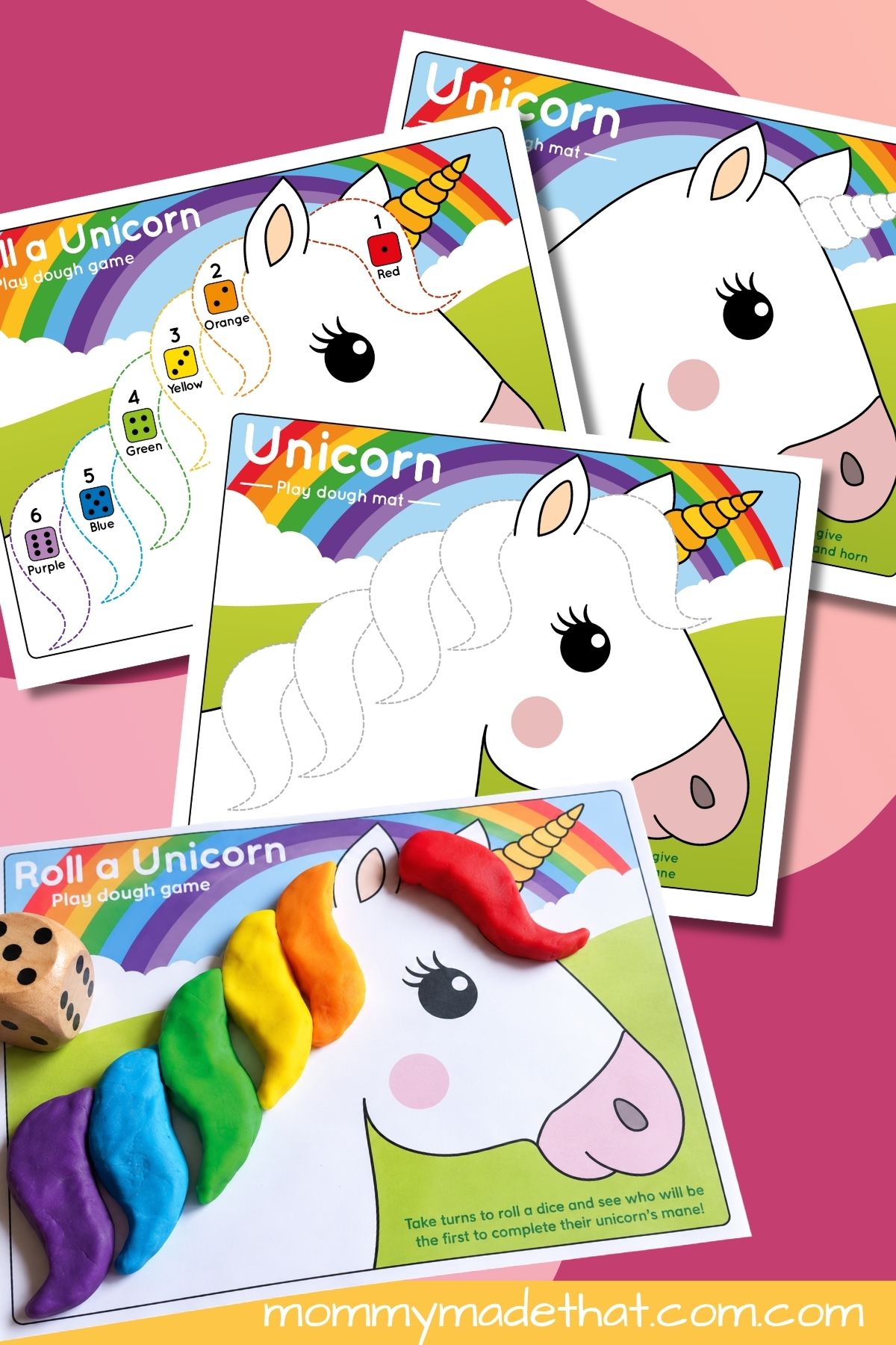 Unicorn Play Dough Mats and Dice Game printable preview.