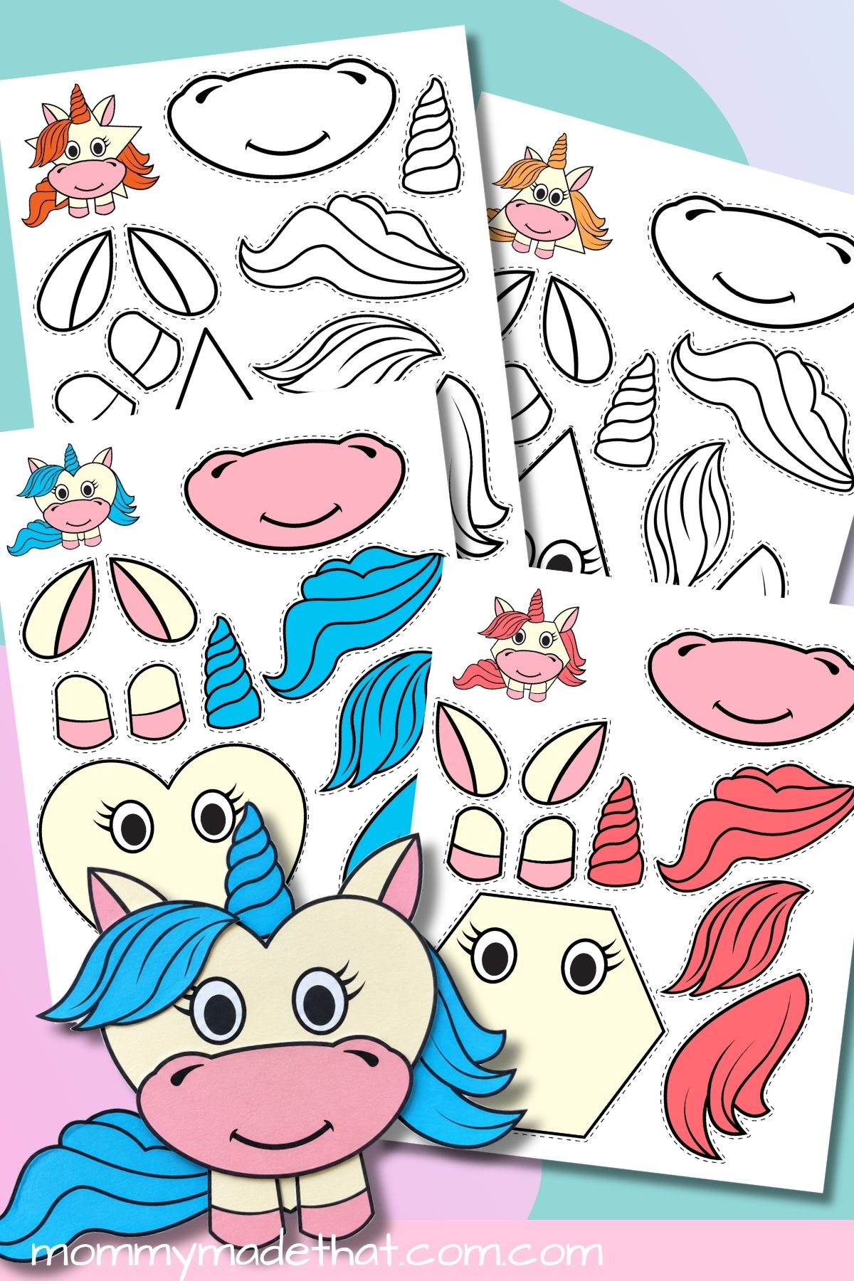 Colorful unicorn crafts with different shape faces and printable cutout pieces.