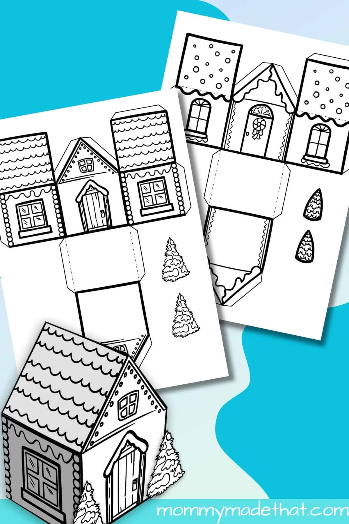 Winter paper house templates with a finished 3D house and black-and-white printable pages.