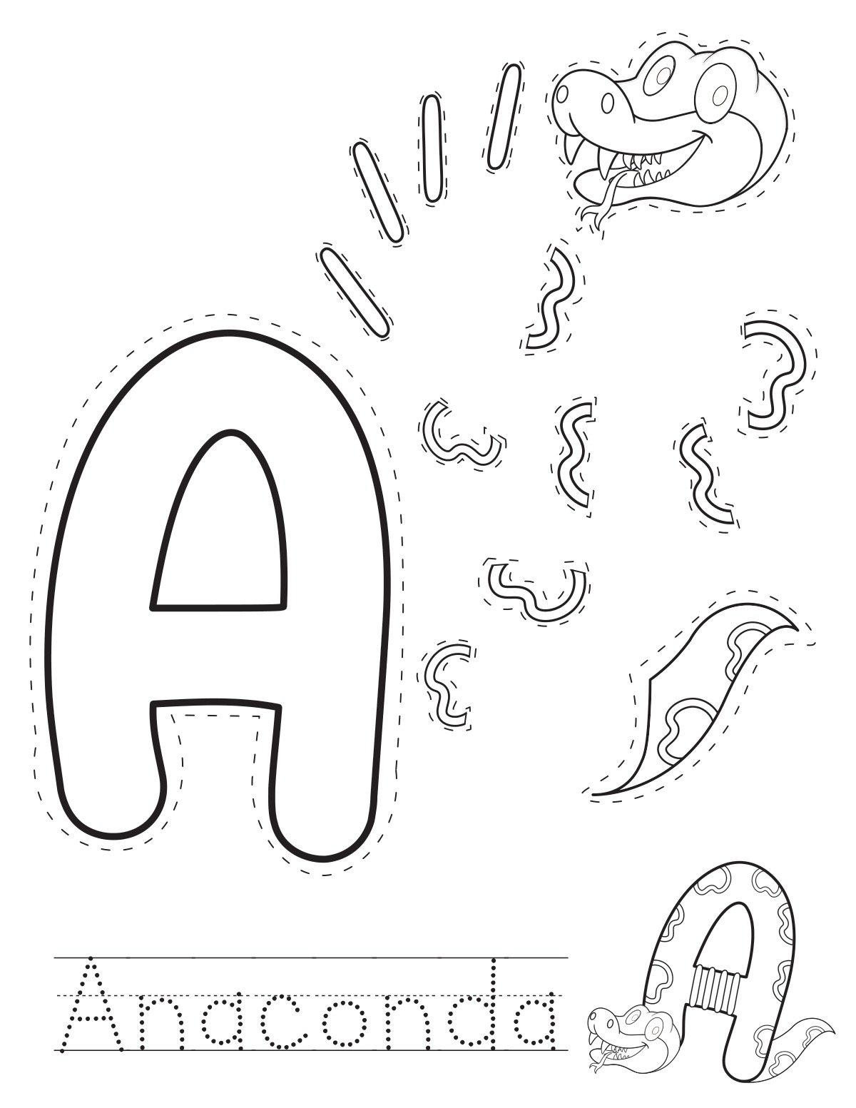 Letter A anaconda printable craft sheet with cut-out pieces and word tracing