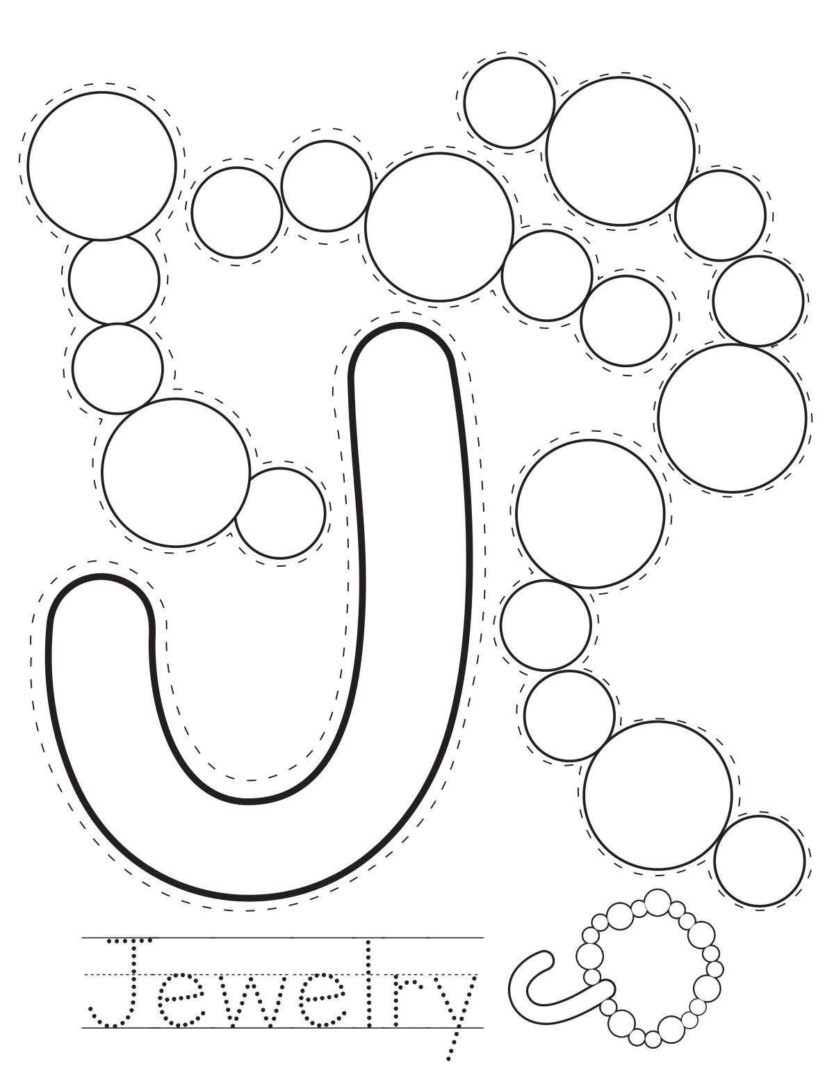 Letter J jewelry printable craft sheet with cut-out pieces and word tracing