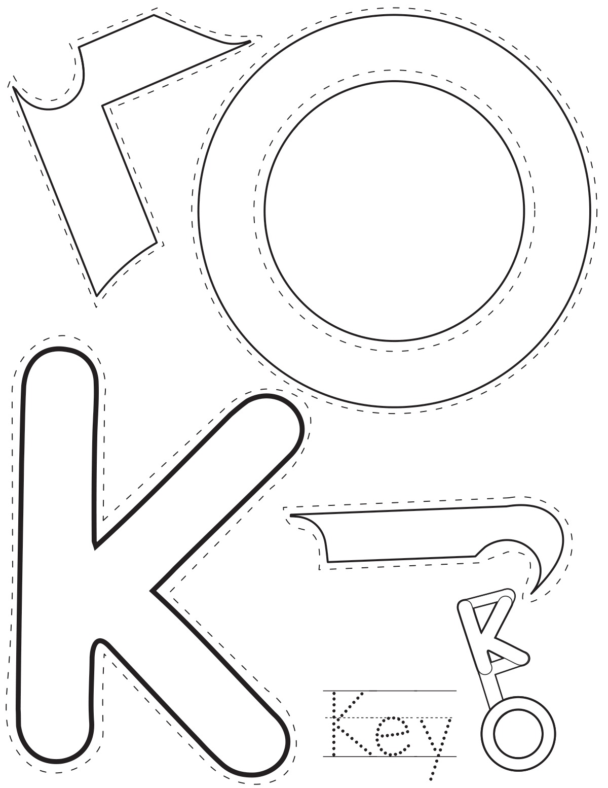 Letter K key printable craft sheet with cut-out pieces and word tracing