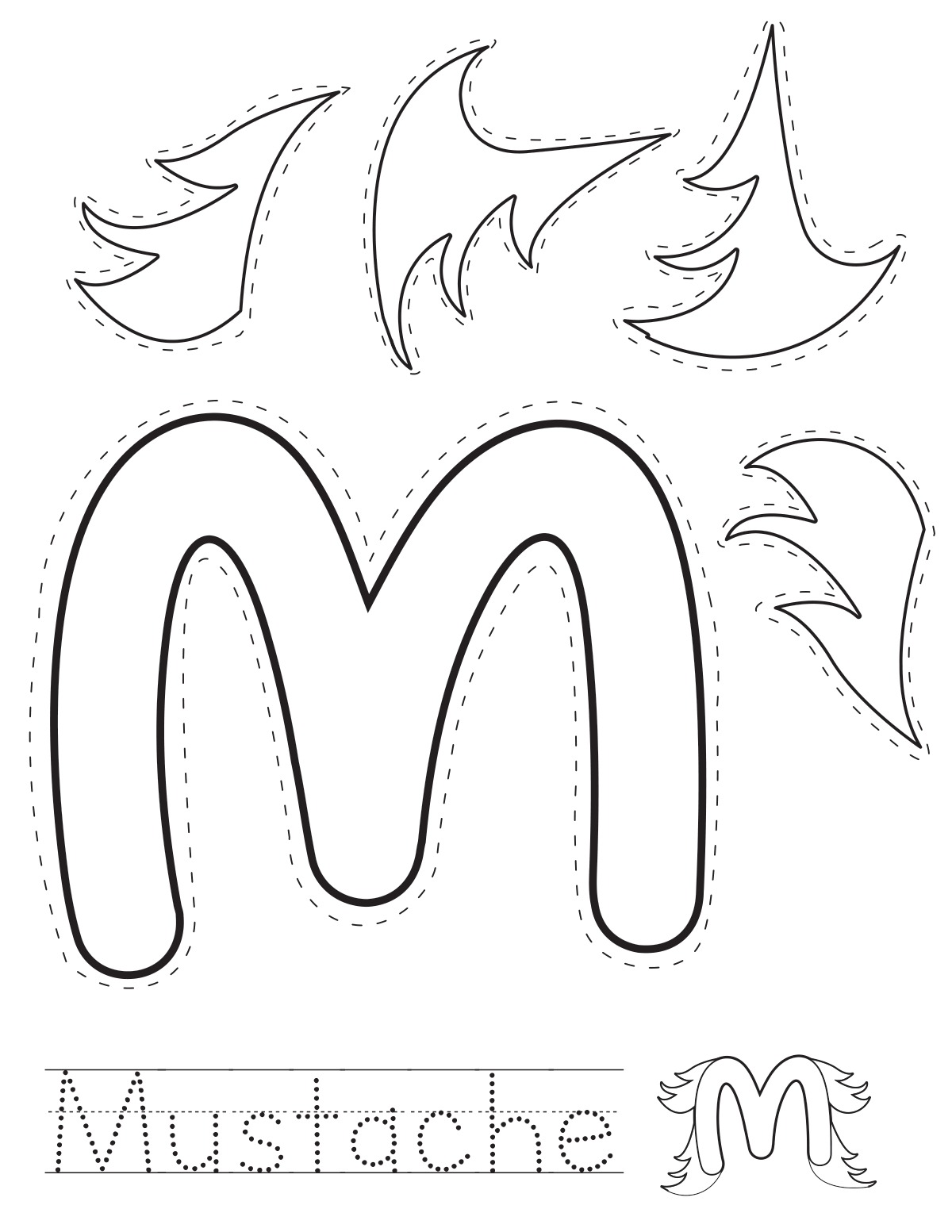 Letter M mustache printable craft sheet with cut-out pieces and word tracing