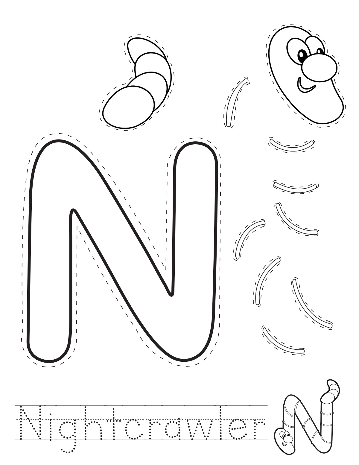 Letter N nightcrawler printable craft sheet with cut-out pieces and word tracing