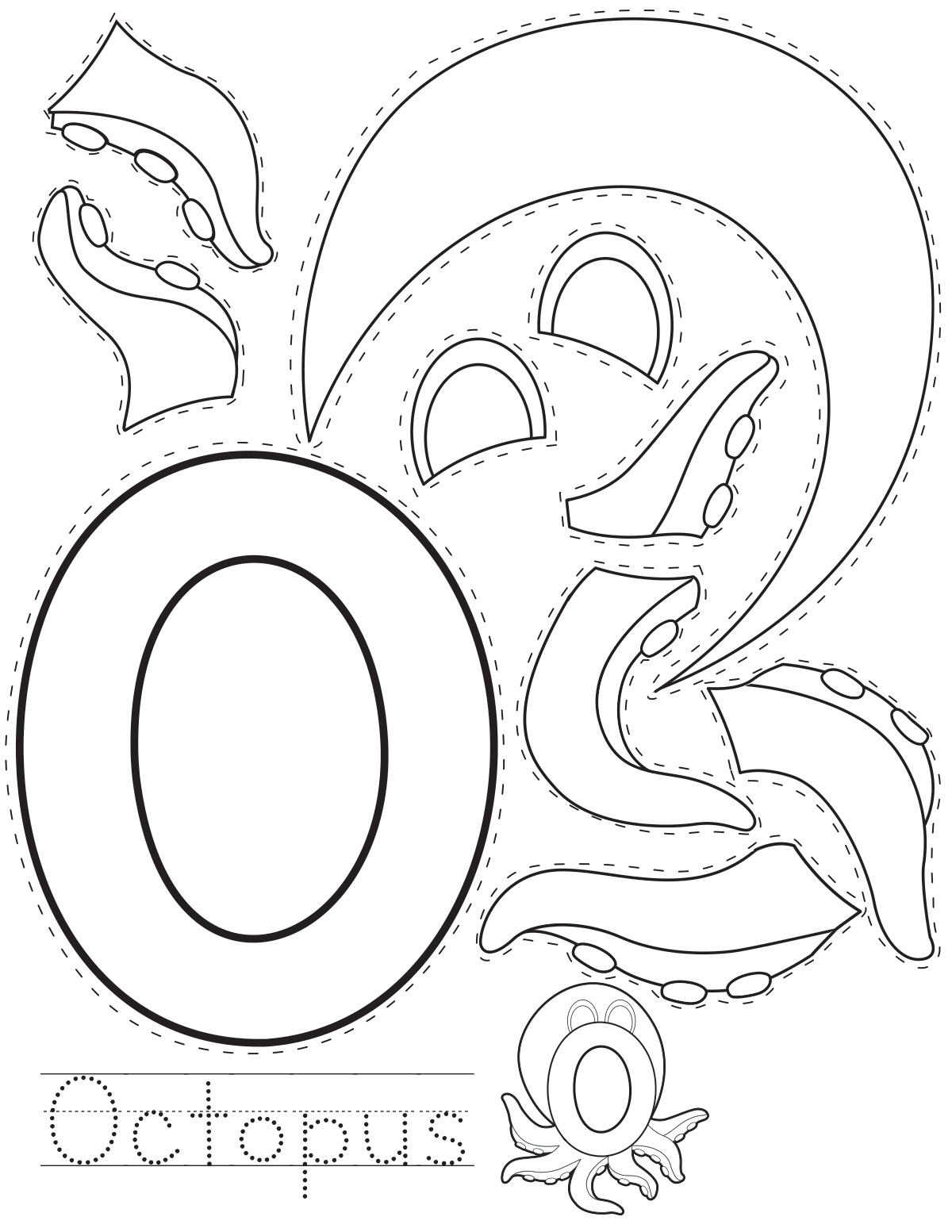 Letter O octopus printable craft sheet with cut-out pieces and word tracing