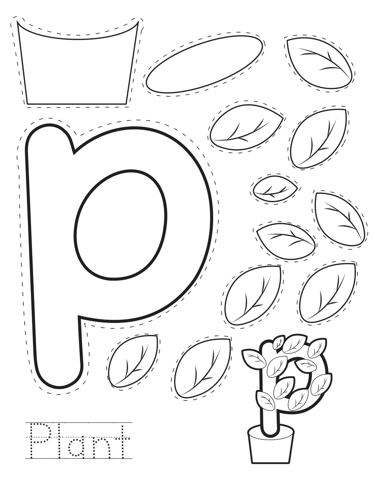 Letter P plant printable craft sheet with cut-out pieces and word tracing