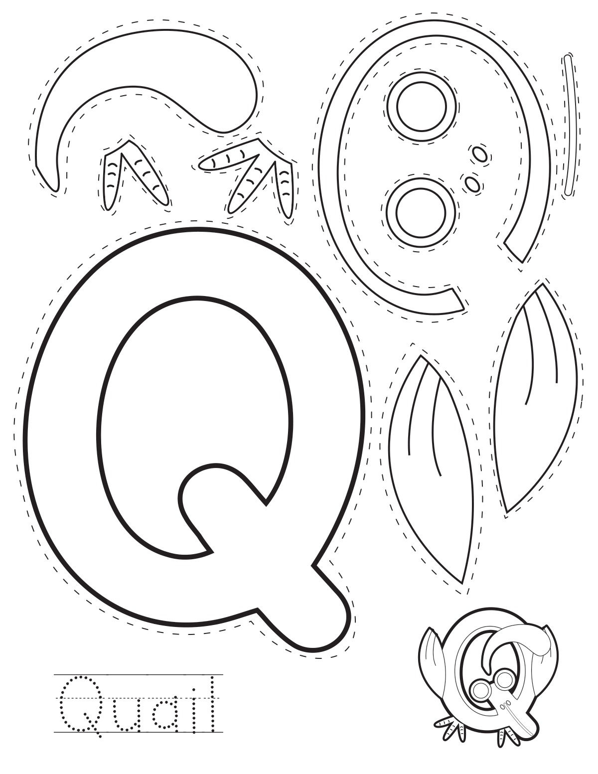 Letter Q quail printable craft sheet with cut-out pieces and word tracing