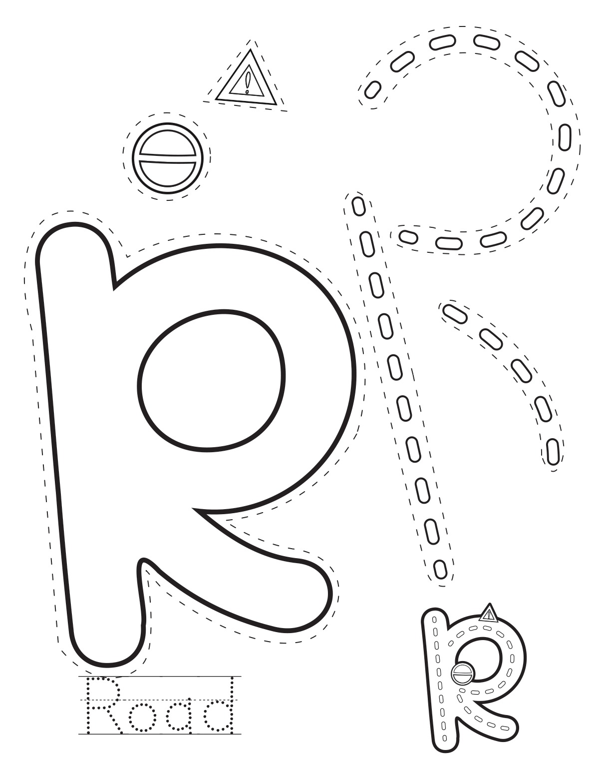 Letter R road printable craft sheet with cut-out pieces and word tracing