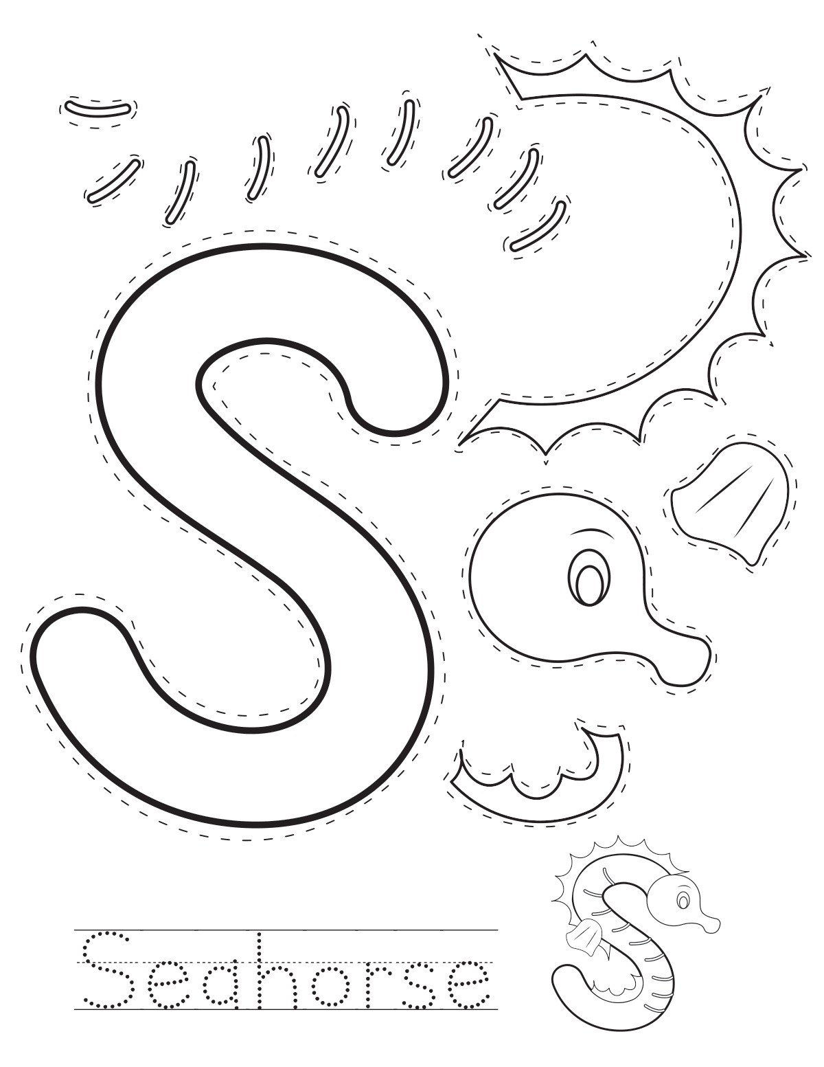 Letter S seahorse printable craft sheet with cut-out pieces and word tracing