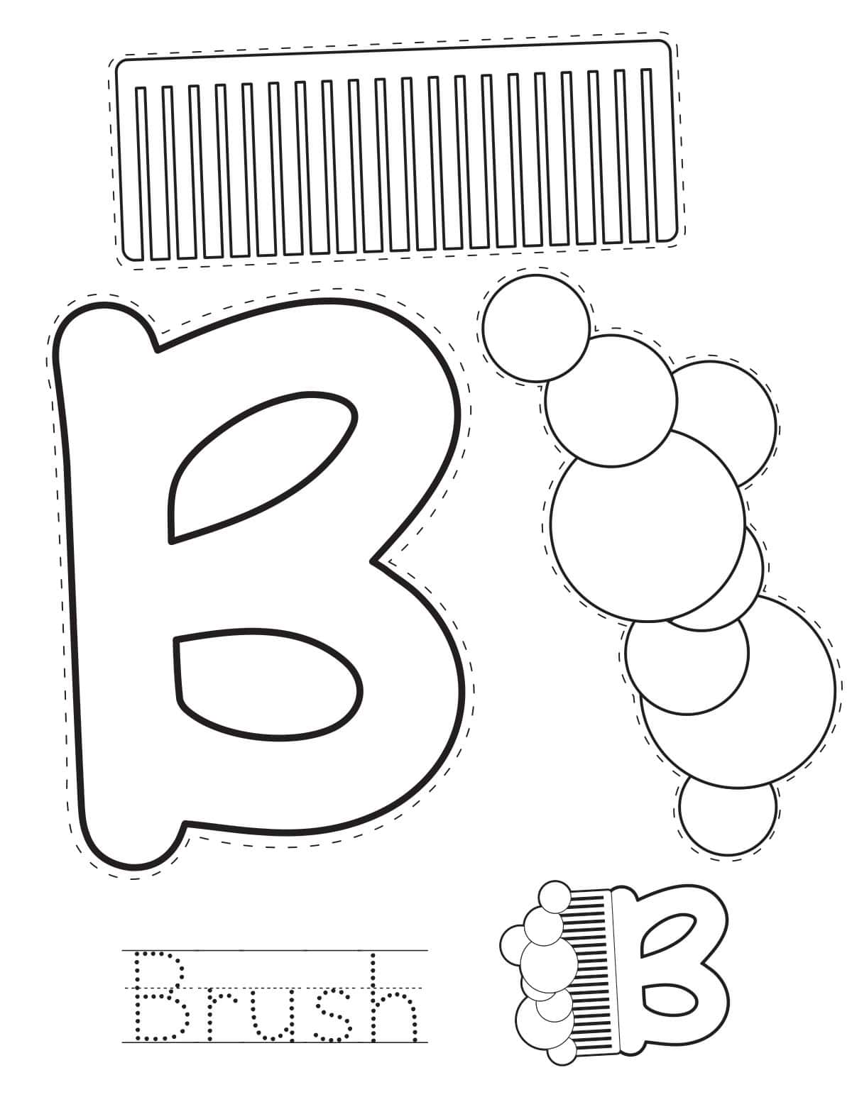 Letter B brush printable craft sheet with cut-out pieces and word tracing