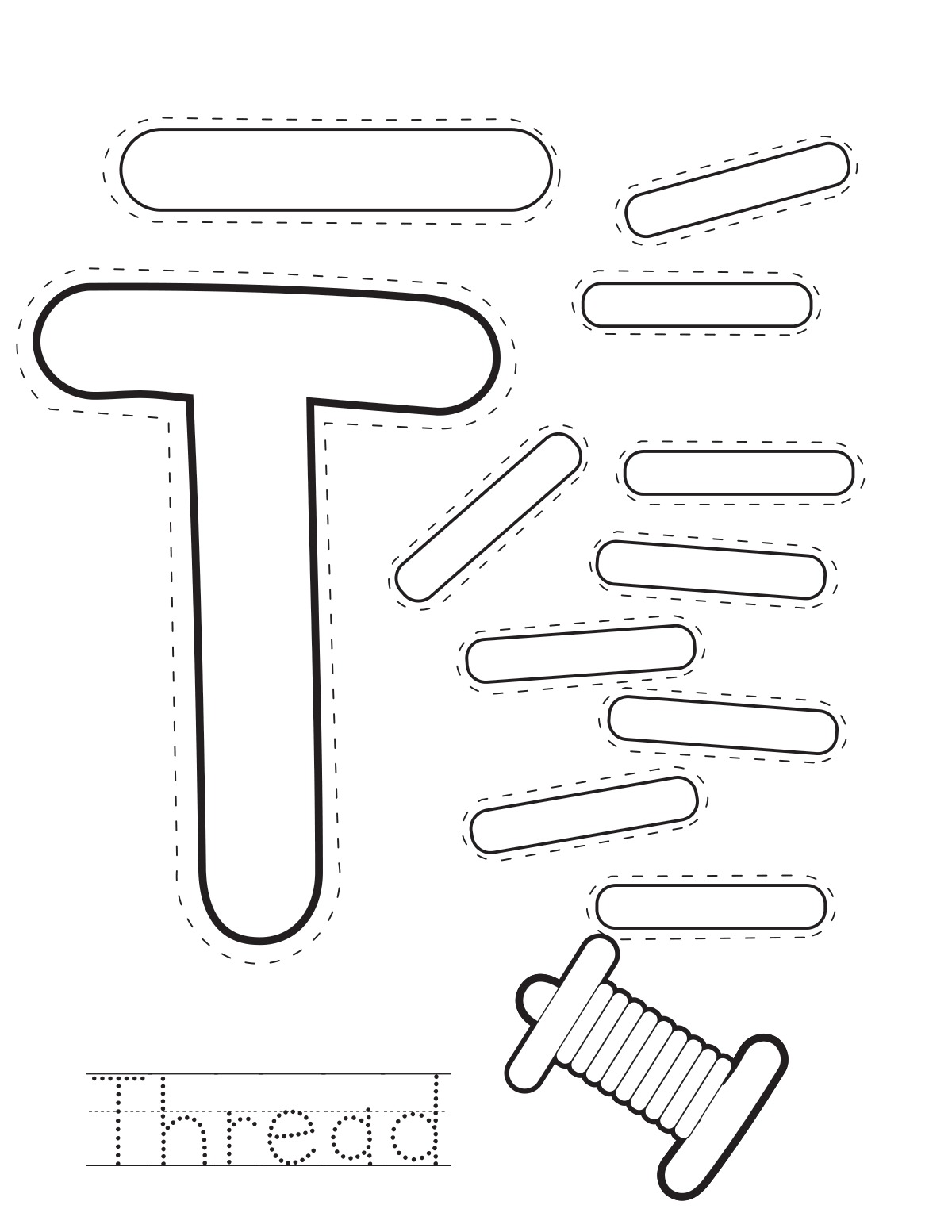 Letter T thread printable craft sheet with cut-out pieces and word tracing