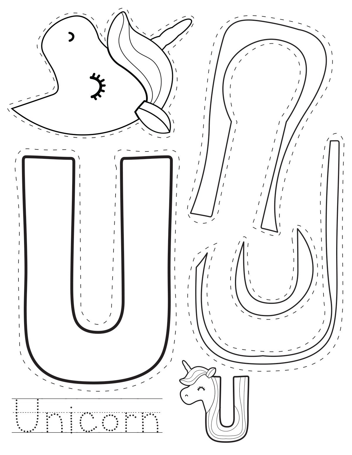 Letter U unicorn printable craft sheet with cut-out pieces and word tracing