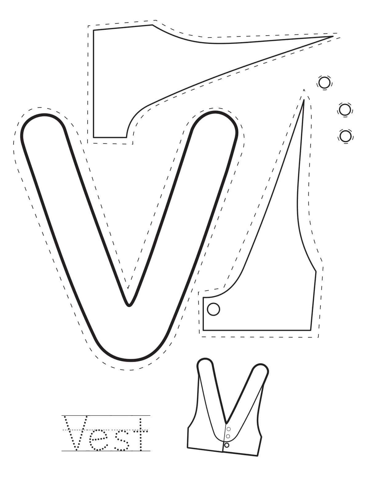 Letter V vest printable craft sheet with cut-out pieces and word tracing