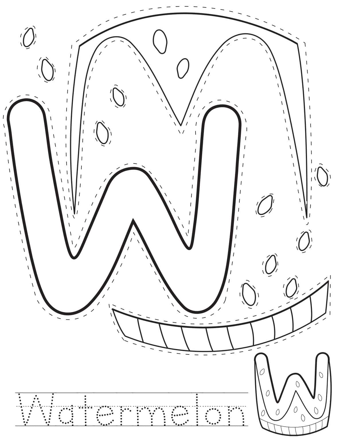Letter W watermelon printable craft sheet with cut-out pieces and word tracing
