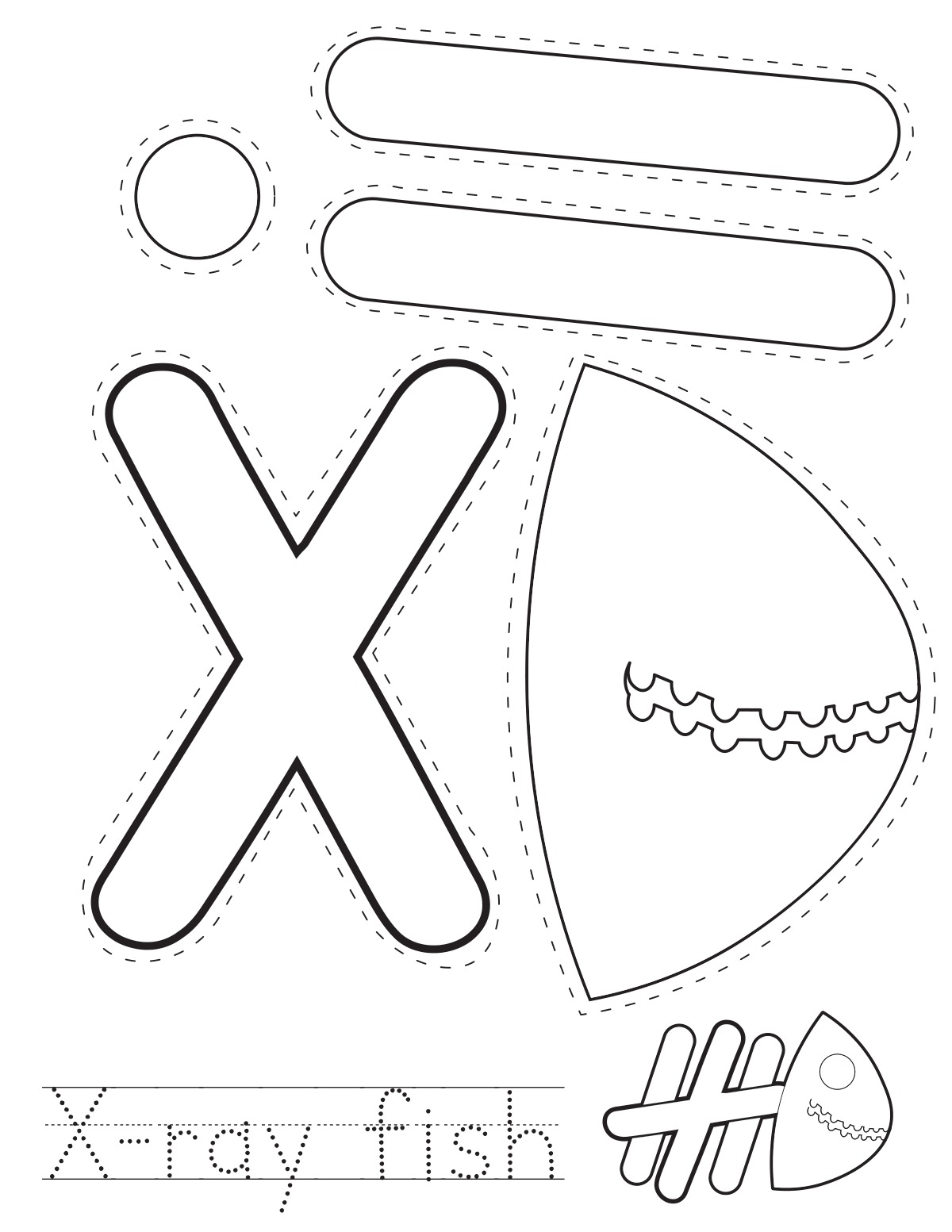 Letter X x-ray fish printable craft sheet with cut-out pieces and word tracing
