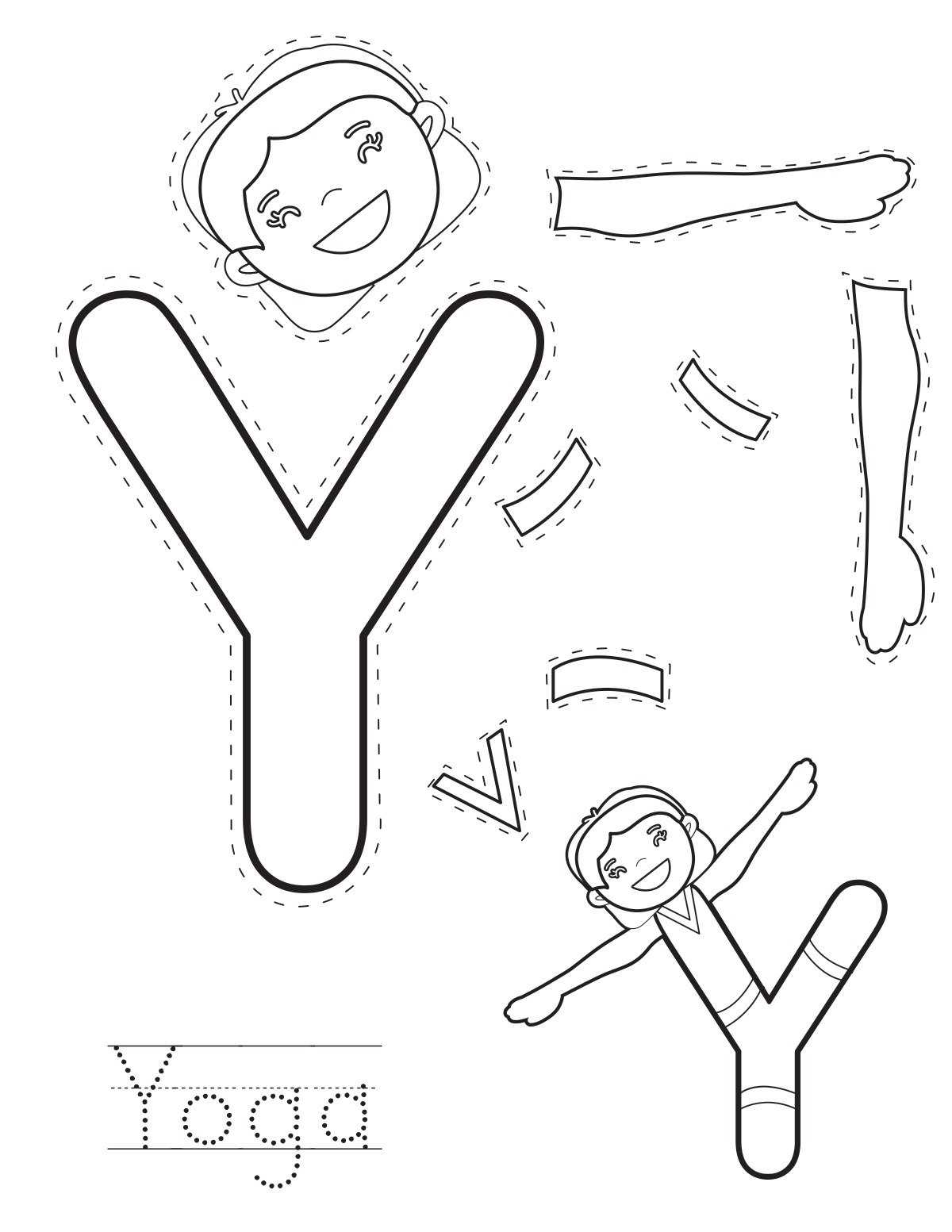 Letter Y yoga printable craft sheet with cut-out pieces and word tracing