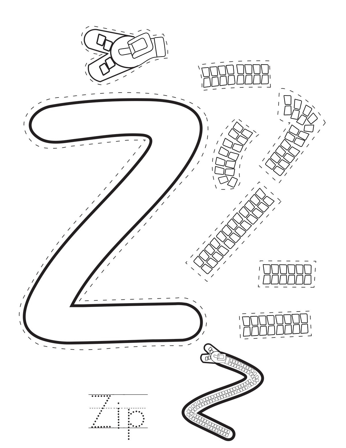 Letter Z zip printable craft sheet with cut-out pieces and word tracing