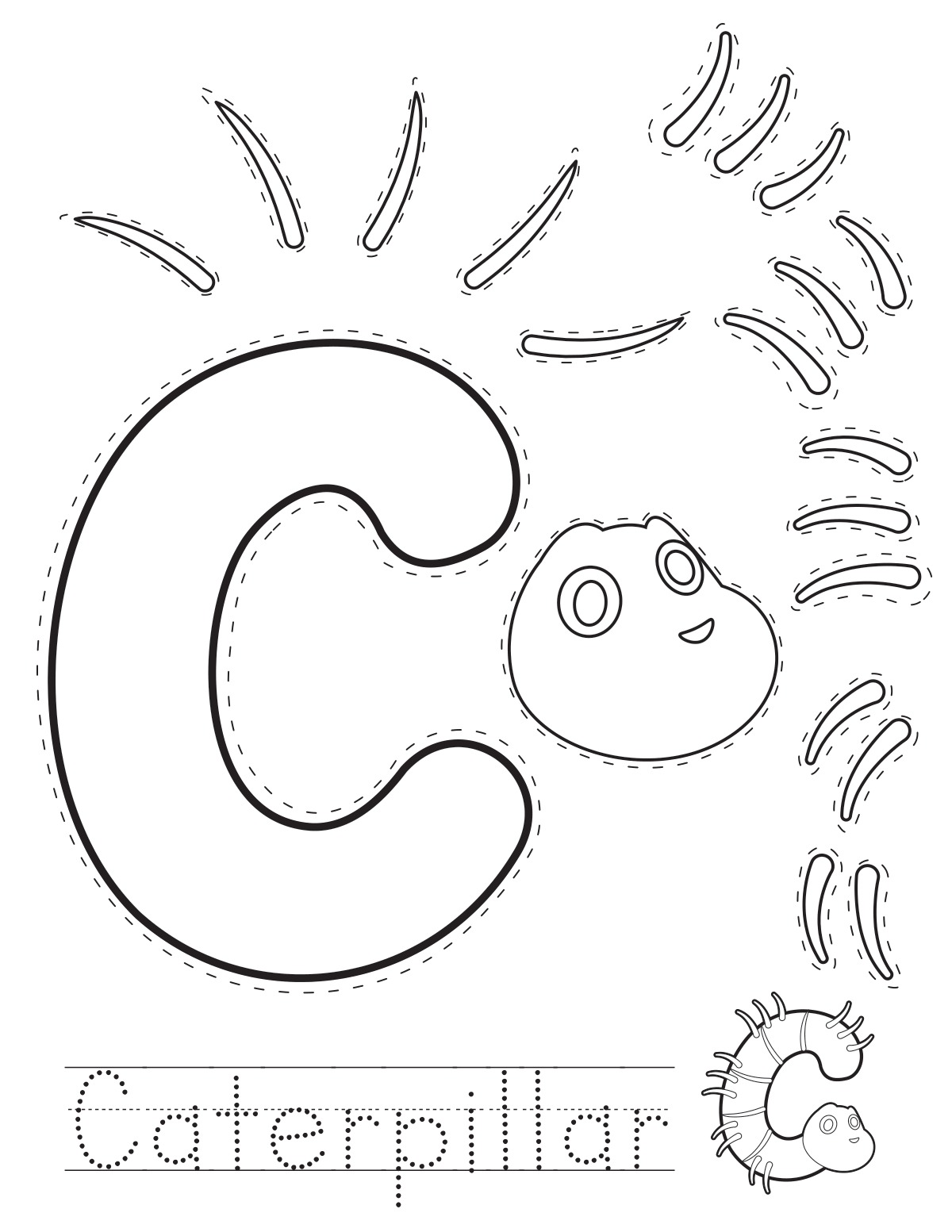 Letter C caterpillar printable craft sheet with cut-out pieces and word tracing