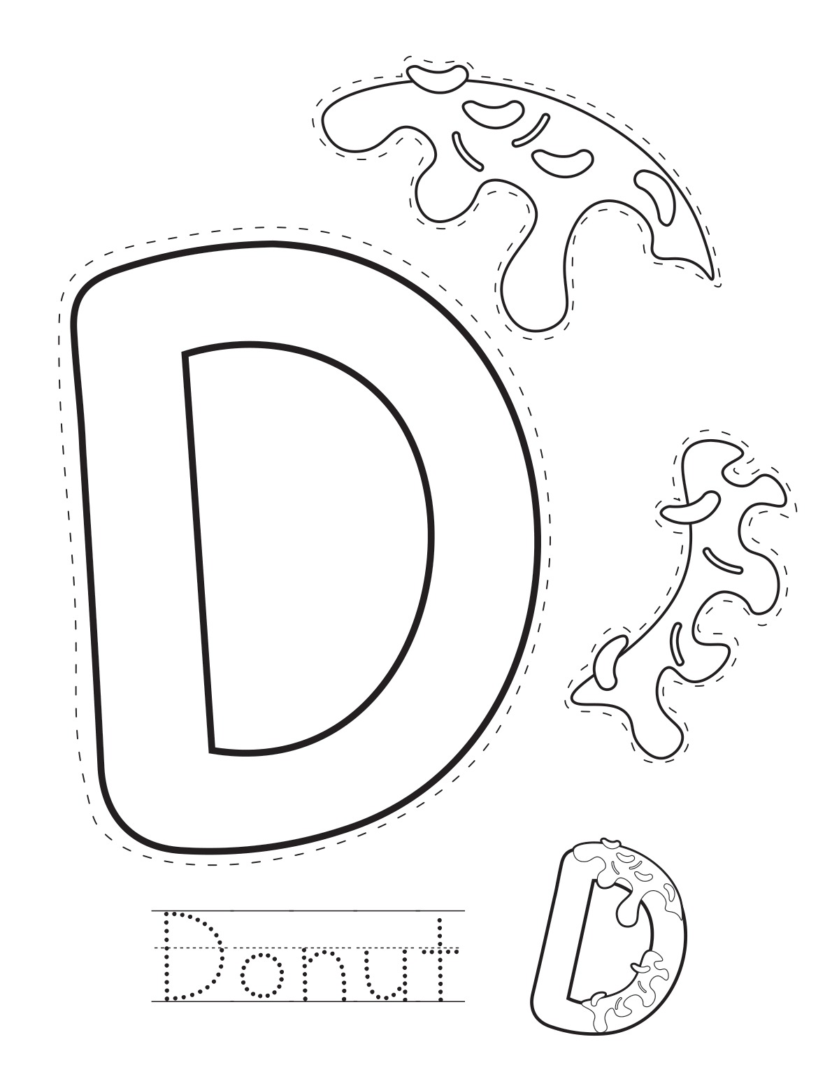 Letter D donut printable craft sheet with cut-out pieces and word tracing