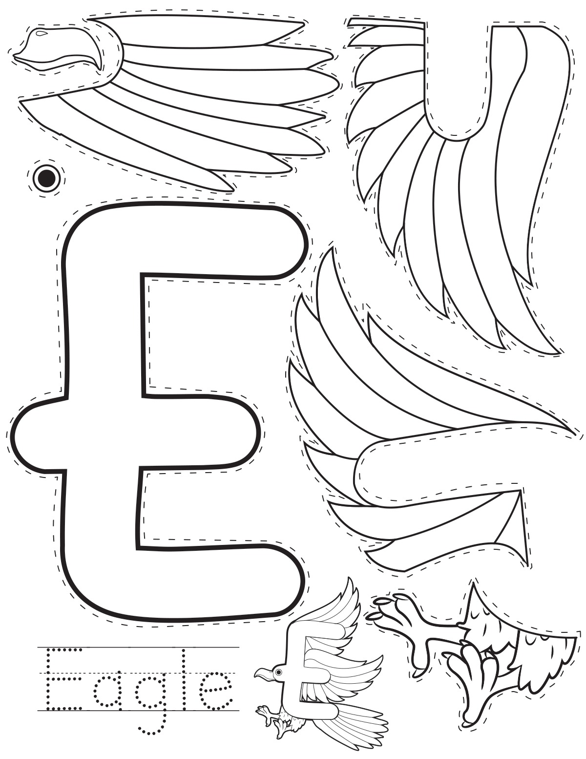 Letter E eagle printable craft sheet with cut-out pieces and word tracing