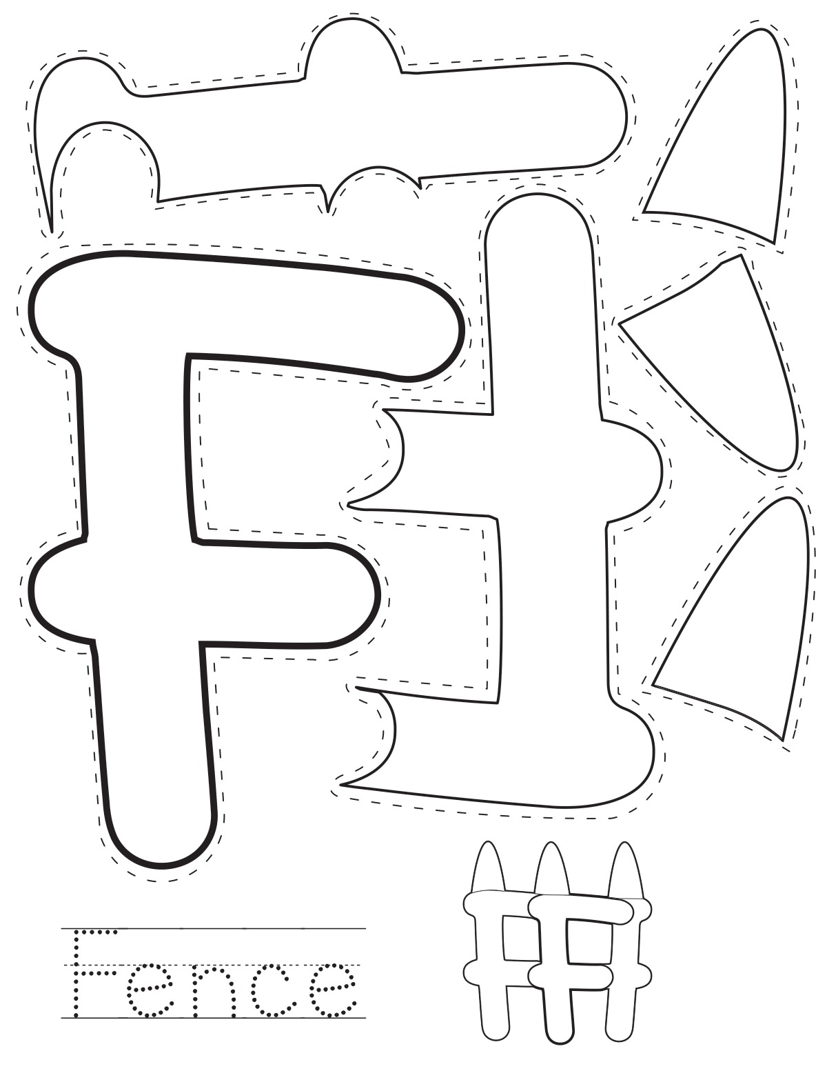 Letter F fence printable craft sheet with cut-out pieces and word tracing