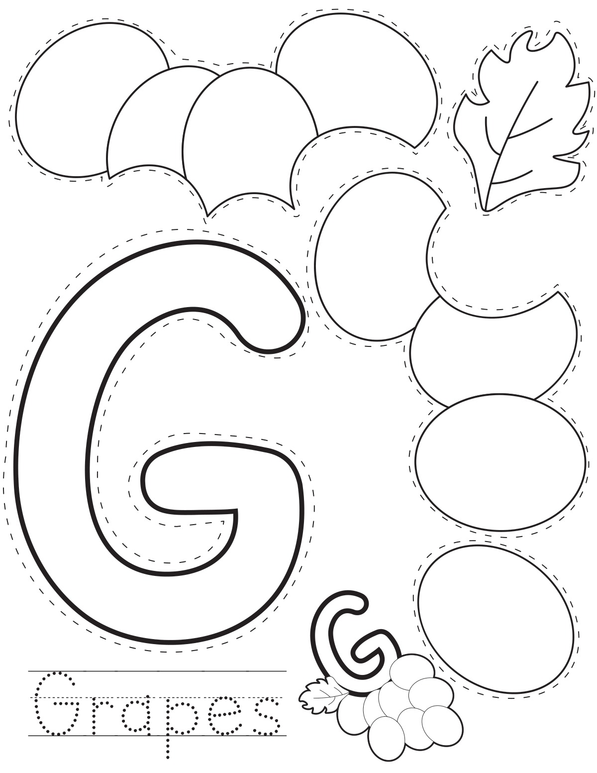Letter G grapes printable craft sheet with cut-out pieces and word tracing
