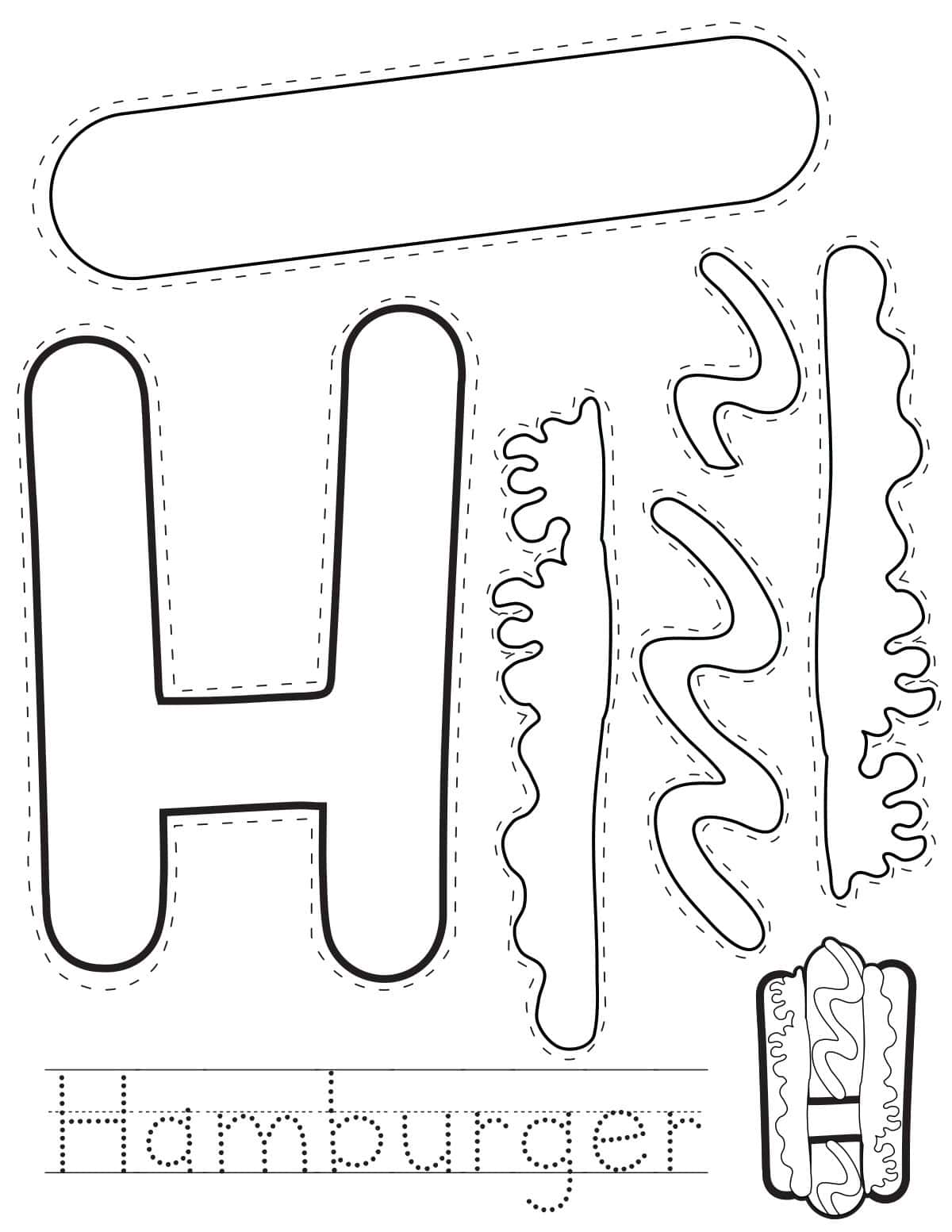 Letter H hamburger printable craft sheet with cut-out pieces and word tracing