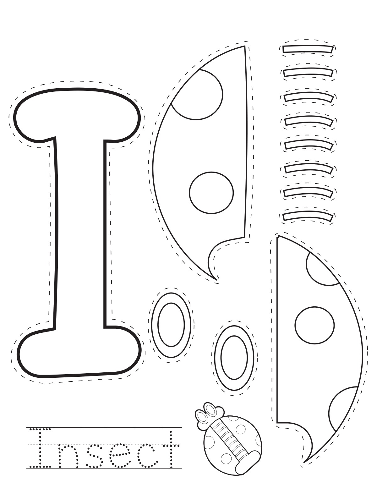 Letter I insect printable craft sheet with cut-out pieces and word tracing